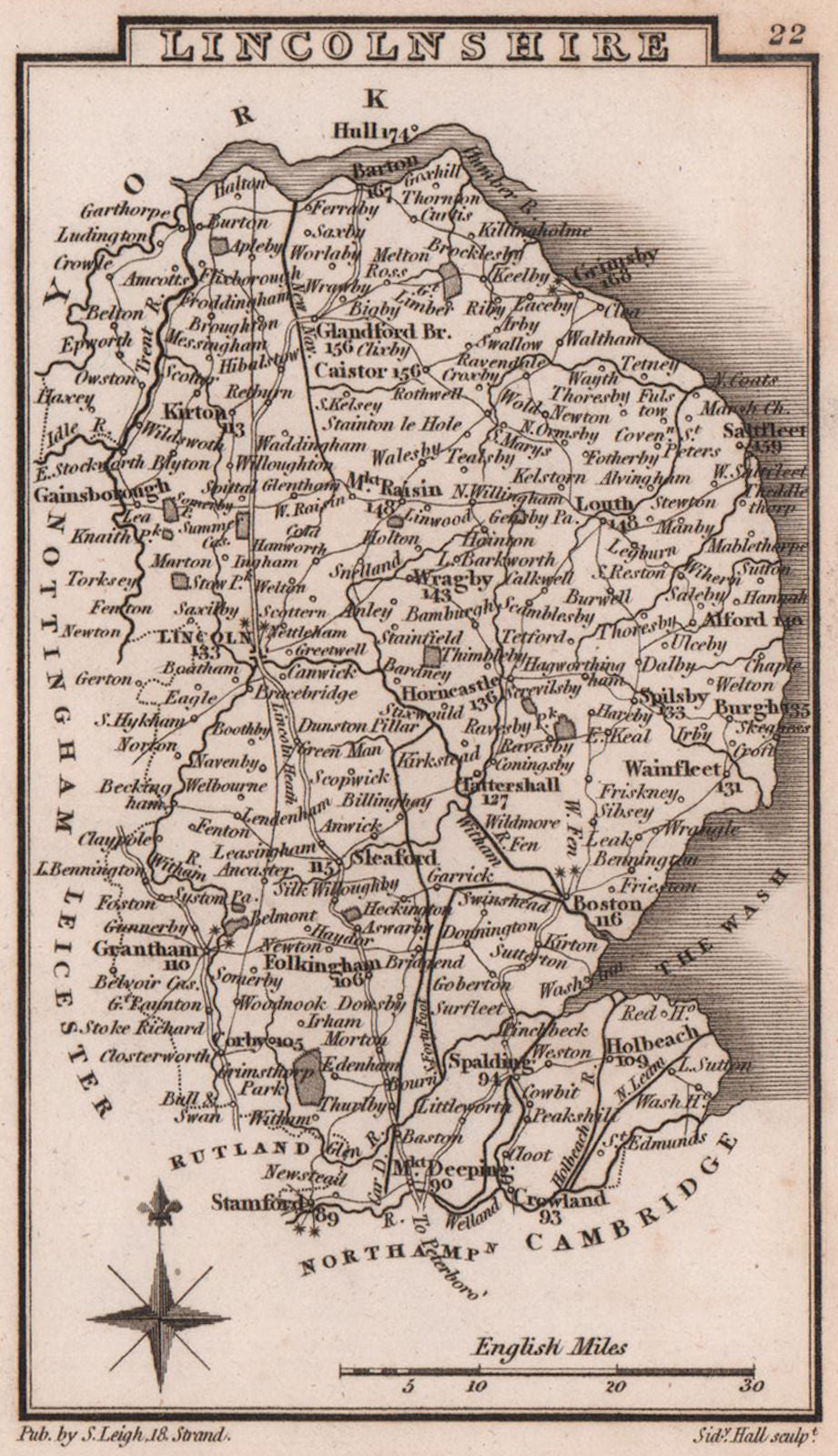 Lincolnshire miniature county map by Samuel Leigh / Sidney Hall c1820 old